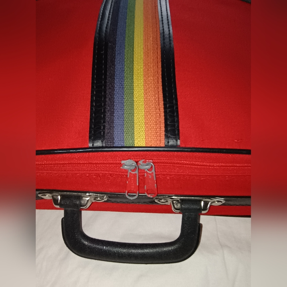 Vtg 70s Rainbow 15"× 10" x 5" Striped Small Canvas Suitcase